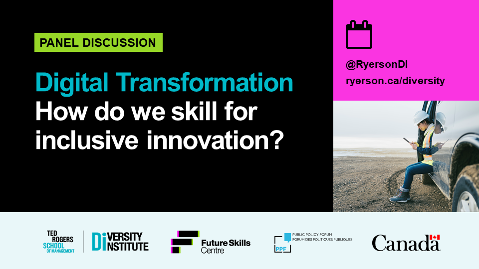 A graphic advertising the panel discussion, “Digital Transformation: How do we skill for inclusive innovation?” beside a photograph of a woman wearing a hardhat and using a tablet